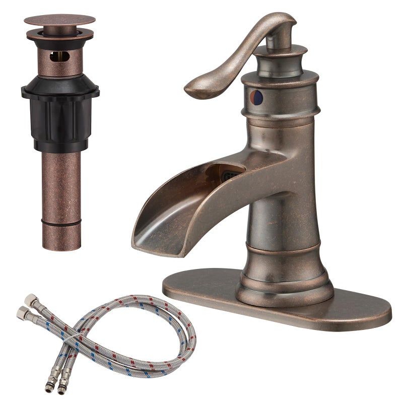 BWE Copper Bathroom Faucet Antique Brass Sink Vanity Basin Single Handle with Pop up Drain Assembly Waterfall Rose Mixer Tap One Hole Lever with Overflow Deck Mount Commercial - Image 1